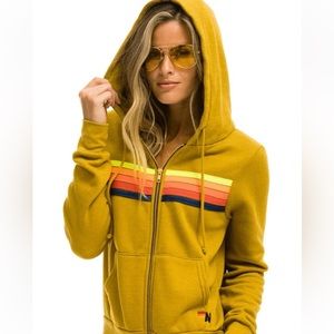 Aviator Nation 5 Stripe Zip Hoodie Mustard Yellow Size S